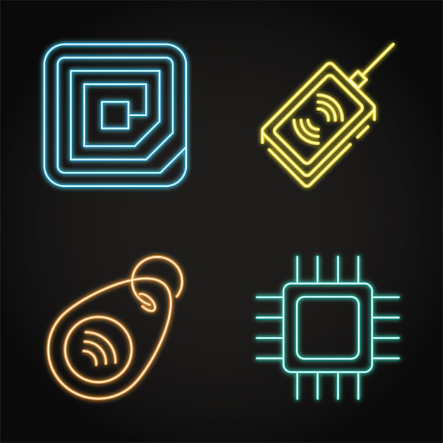 Neon rfid tag and microchip icon set