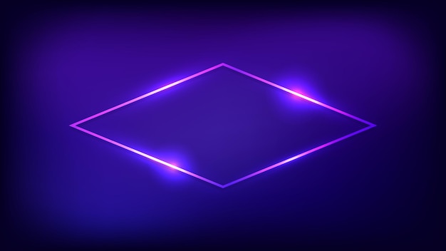 Neon rhomb frame with shining effects on dark background. empty glowing techno backdrop. vector illustration.