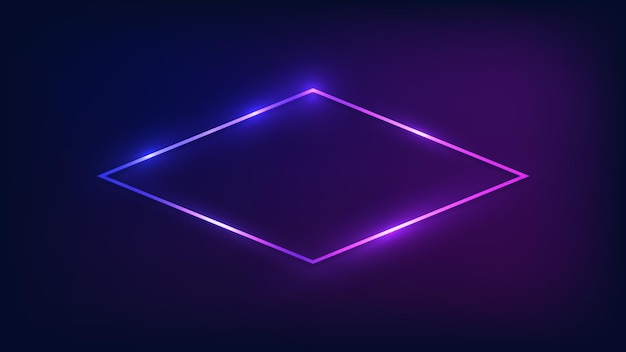 Neon rhombus frame with shining effects on dark background. empty glowing techno backdrop. vector illustration.