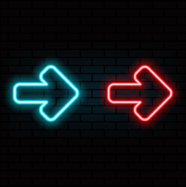 neon right arrows colourful vector icons set realistic glowing pointers on transparent background location indicator for casino bar cinema nightclub and motel isolated symbol packred