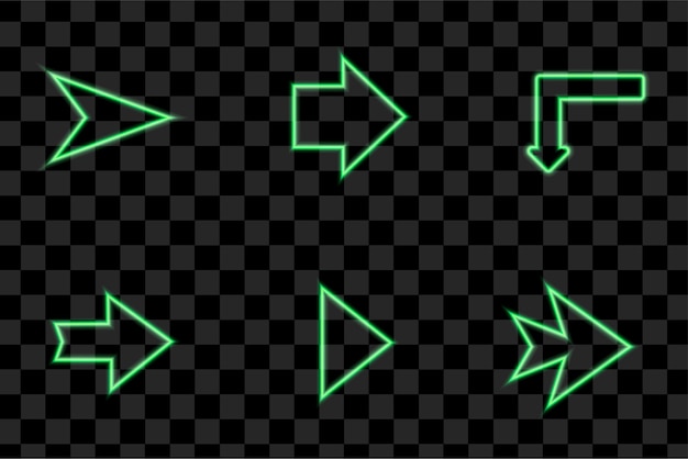 Neon Right Arrows green vector icons set. Realistic glowing pointers on transparent background