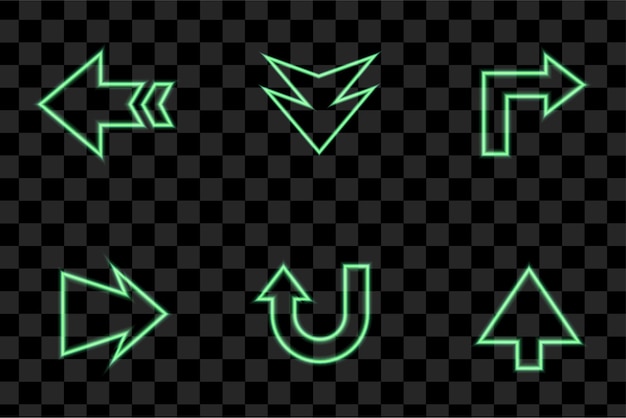 Vector neon right arrows green vector icons set. realistic glowing pointers on transparent background