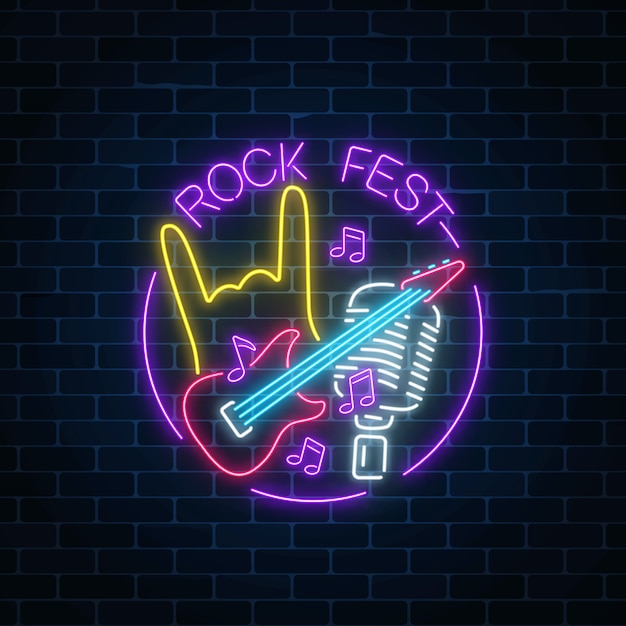 Neon rock festival bord met gitaar, microfoon en rock gebaar in ronde frame.