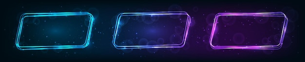 Vector neon rounded parallelogram frame with shining effects and sparkles