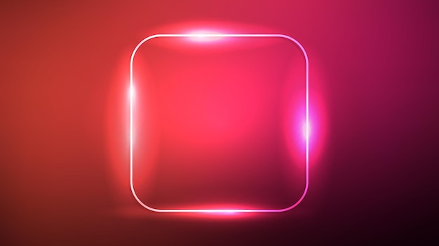 Neon rounded square frame with shining effects on dark red background