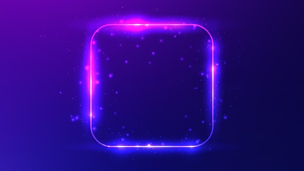 Neon rounded square frame with shining effects and sparkles on dark purple background Empty glowing techno backdrop Vector illustration