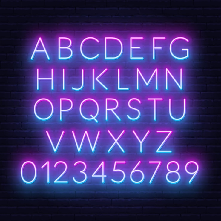 Vector neon roze blauw kleurverloop lettertype. aantal letters en cijfers op bakstenen muur achtergrond.