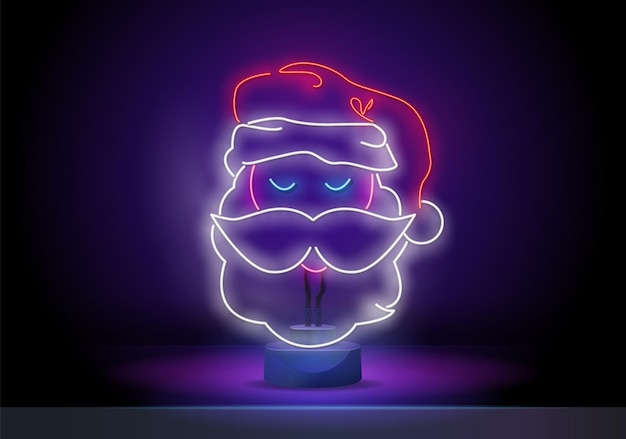 Vettore babbo natale al neon. cappello e barba leggeri. concetto di natale e capodanno. insegna al neon luminosa notturna, cartellone pubblicitario colorato, striscione luminoso. illustrazione vettoriale in stile neon.