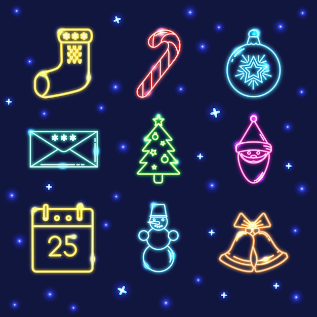 Neon set of christmas icons