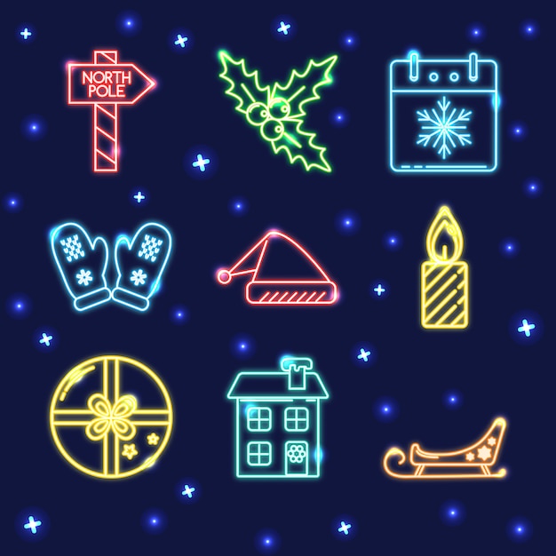 Neon set van kerst iconen