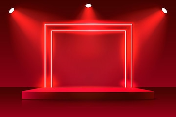 Premium Vector | Neon show light podium red background.