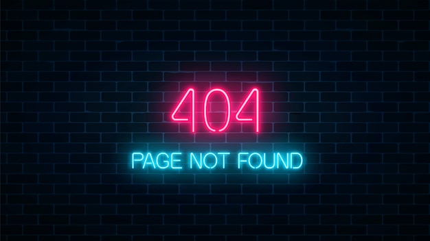 Insegna al neon della pagina di errore 404 non trovata sul fondo scuro del muro di mattoni. pagina del sito web di errore di connessione al neon rosso e blu.