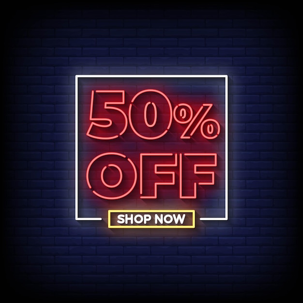 Vector neon sign 50 percent shop now with brick wall background vector