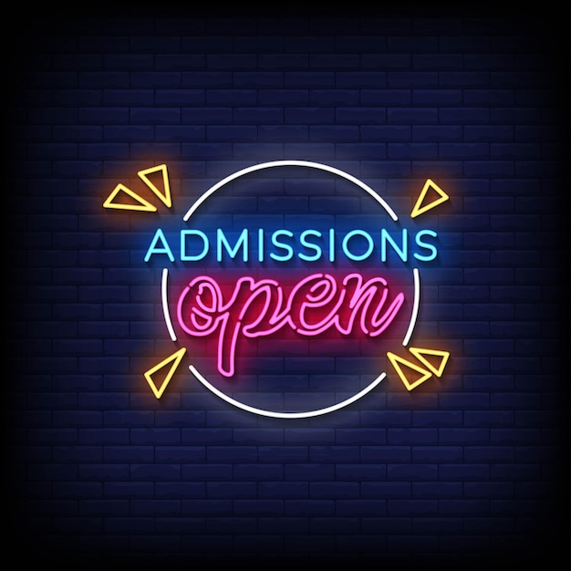 Neon Sign admissions open with brick wall background vector