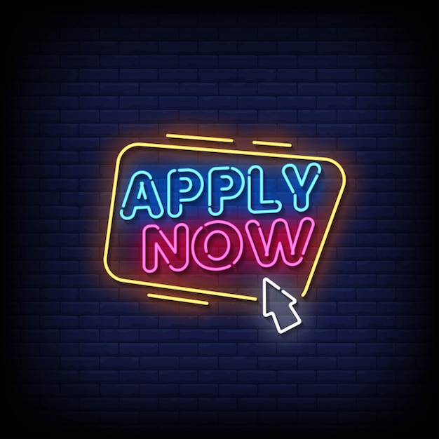 Neon Sign apply now with brick wall background vector