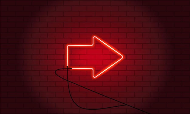 neon sign arrow on brick wall background. vintage electric signboard with bright neon lights. red.