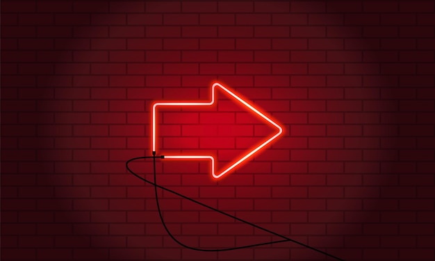 Neon sign arrow on brick wall background. vintage electric signboard with bright neon lights. red.