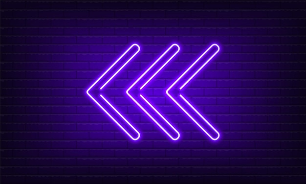 Вектор Неоновая вывеска стрелка влево фиолетовый на фоне кирпичной стены винтажный неоновый символ указатель света бар или кафе
