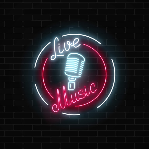 Neon sign of bar with live music on a brick wall background