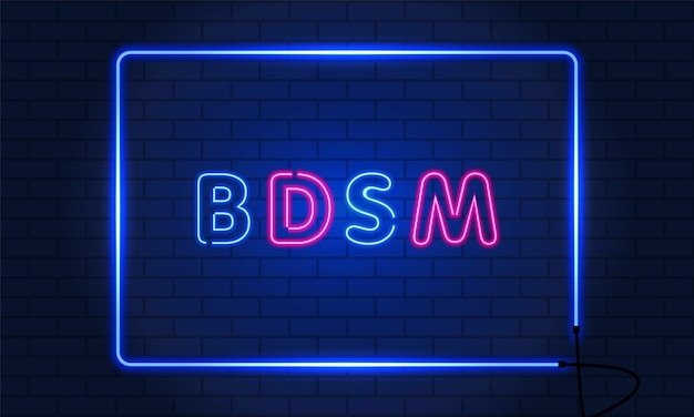 벽돌 벽 배경에 프레임에 네온 사인 Bdsm. 빈티지 전기 간판입니다.