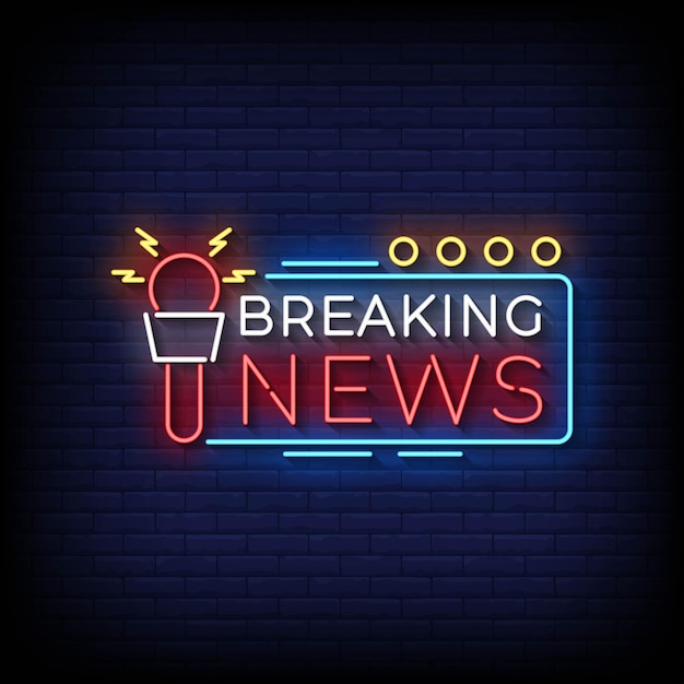 Neon sign breaking news met brick wall background vector