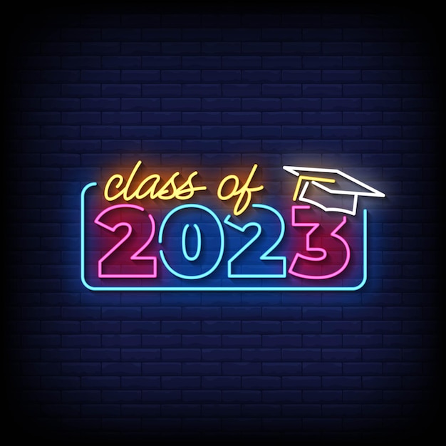 Vector neon sign class of 2023 with brick wall background vector