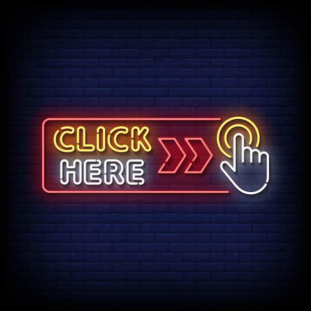Neon Sign click here with brick wall background vector