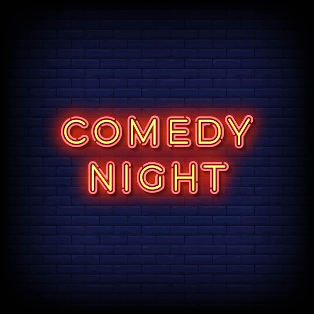 Neon sign commedia notte con muro di mattoni sfondo vettoriale