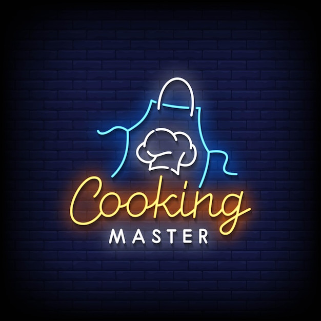 Vector neon sign cooking master with brick wall background vector