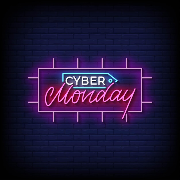 Neon sign cyber maandag met bakstenen muur achtergrond vector