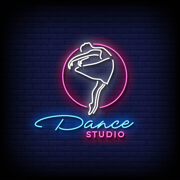 Neon sign dance studio con muro di mattoni sfondo vettoriale