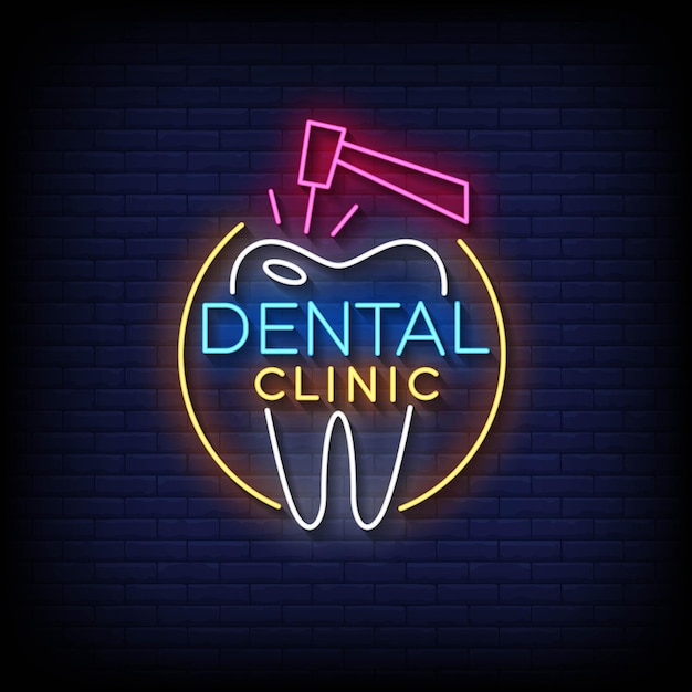 neon sign dental clinic with brick wall background vector illustration