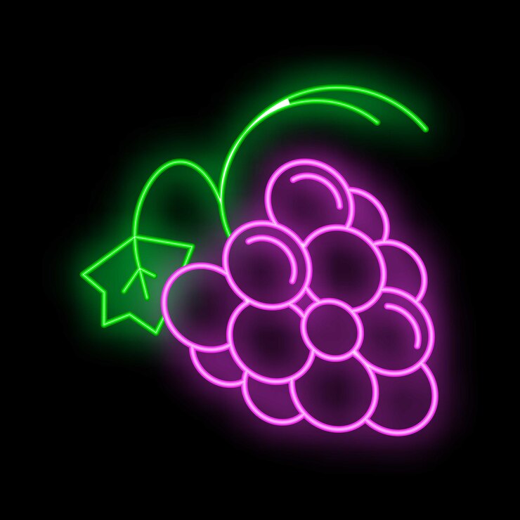 Vector neon sign depicting glowing purple grapes with green leaf on black background