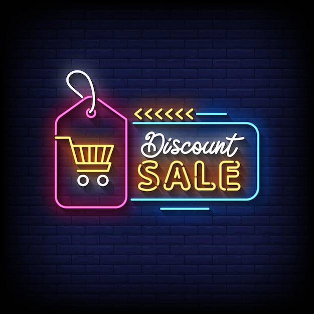 Neon sign discount sale with brick wall background vector illustration