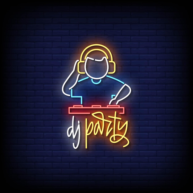 Neon sign dj party with brick wall background vector