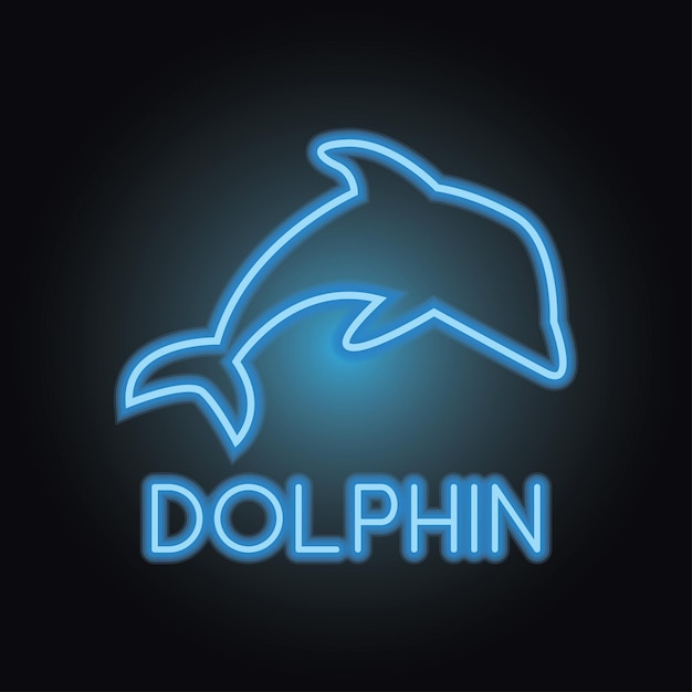 Vector neon sign dolphin and the word dolphin on a black background