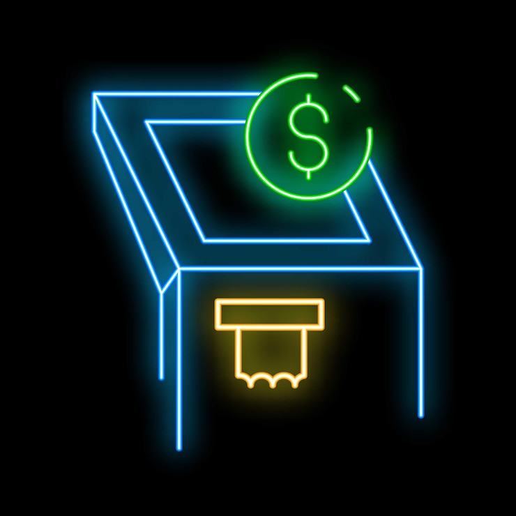 Vector neon sign of a donation box receiving a dollar coin