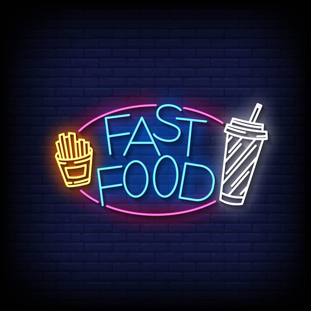 Vector neon sign fast food with brick wall background vector