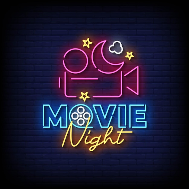 Neon Sign filmavond met bakstenen muur achtergrond Vector