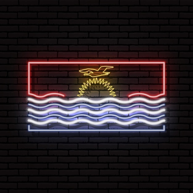 Neon sign in the form of the flag of Kiribati. Against the background of a brick wall with a shadow. For the design of tourist or patriotic themes.