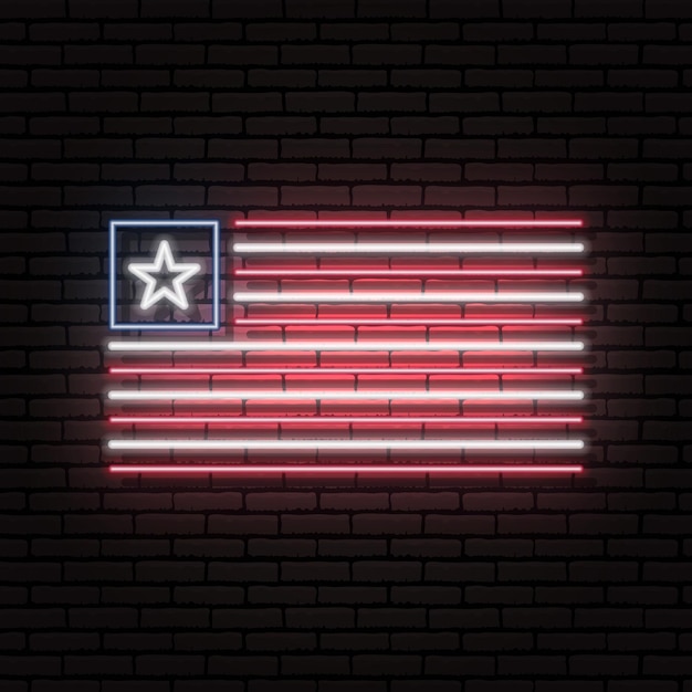 Insegna al neon sotto forma di bandiera della liberia. sullo sfondo di un muro di mattoni con un'ombra. per la progettazione di temi turistici o patriottici. il continente africano