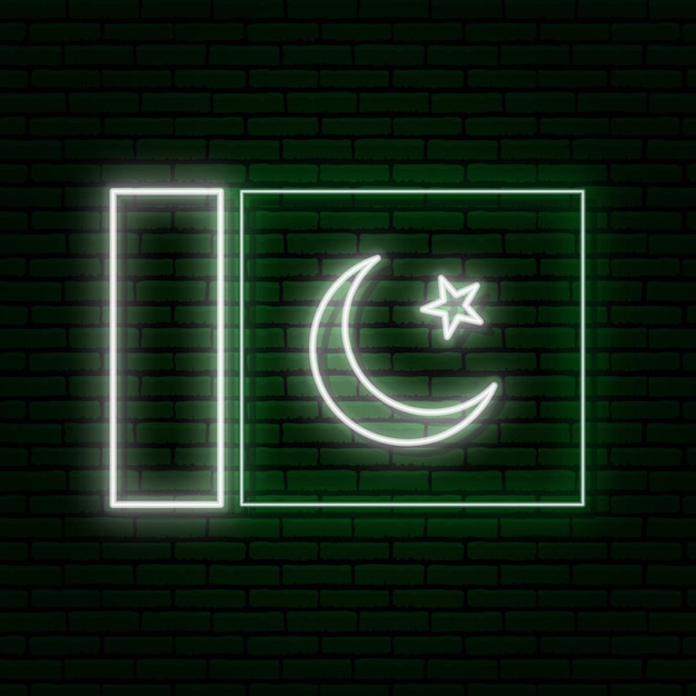 Neon sign in the form of the flag of pakistan. against the background of a brick wall with a shadow. for the design of a tourist or patriotic theme. green and white colors