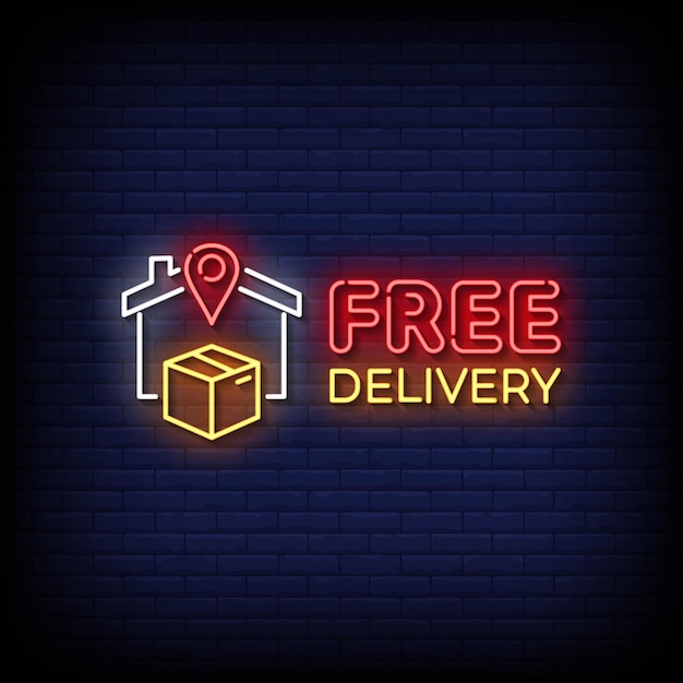 Vector neon sign free delivery with brick wall background vector