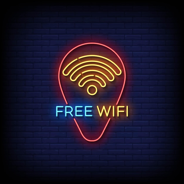 Vettore insegna al neon wifi gratuito con vettore sfondo muro di mattoni