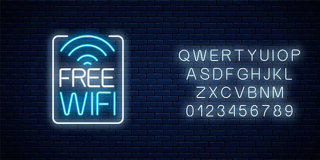 Vector neon sign of free wifi zone in rectangle frame with alphabet on dark brick wall background. wireless connection free access in cafe, night club or bar. vector illustration.