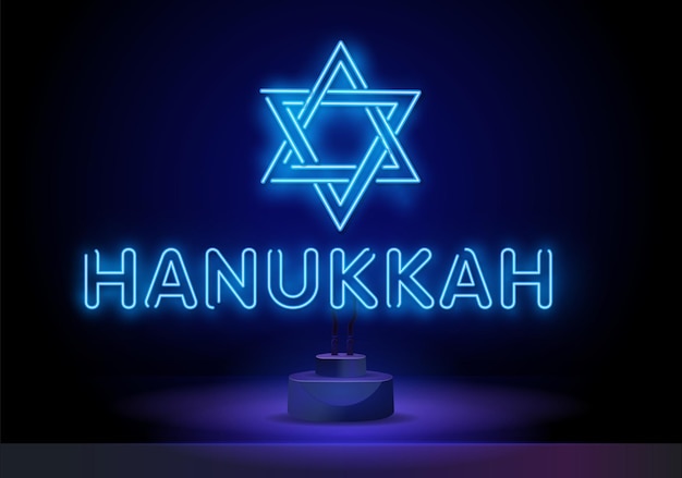 Insegna al neon segno felice di hanukkah sfondo vettoriale di chanukah con menorah e stella di david an ele...