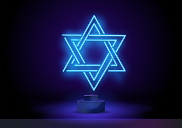 Neon sign happy sign of hanukkah vector background of chanukah with menorah and star of david an ele...