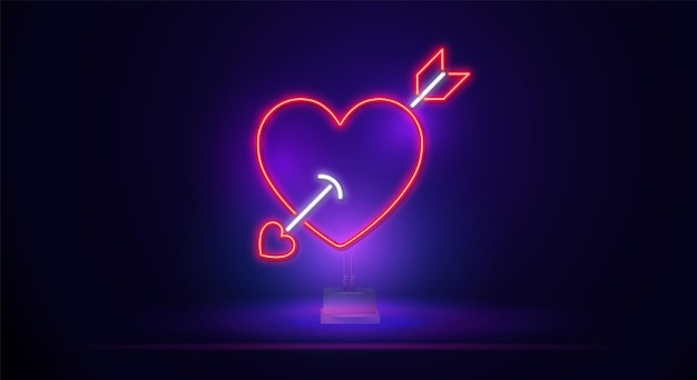 Insegna al neon cuore con freccia su sfondo scuro elementi di design per san valentino felice pronto per te...