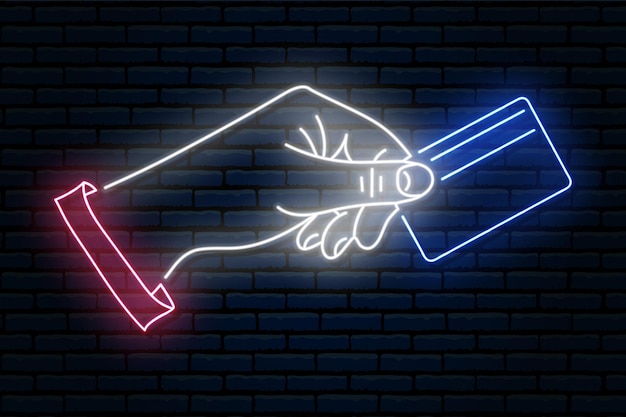 Vector neon sign. a human hand holding a blue plastic credit card. the red sleeve. against a brick wall.