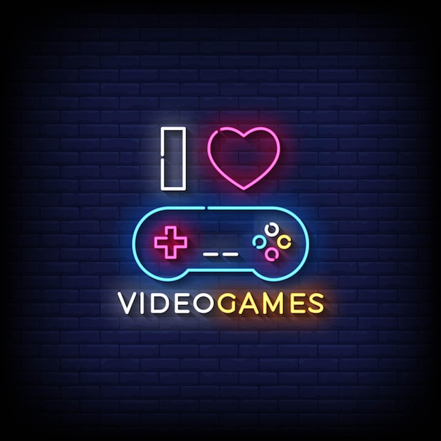 Neon sign i love video games with brick wall background vector